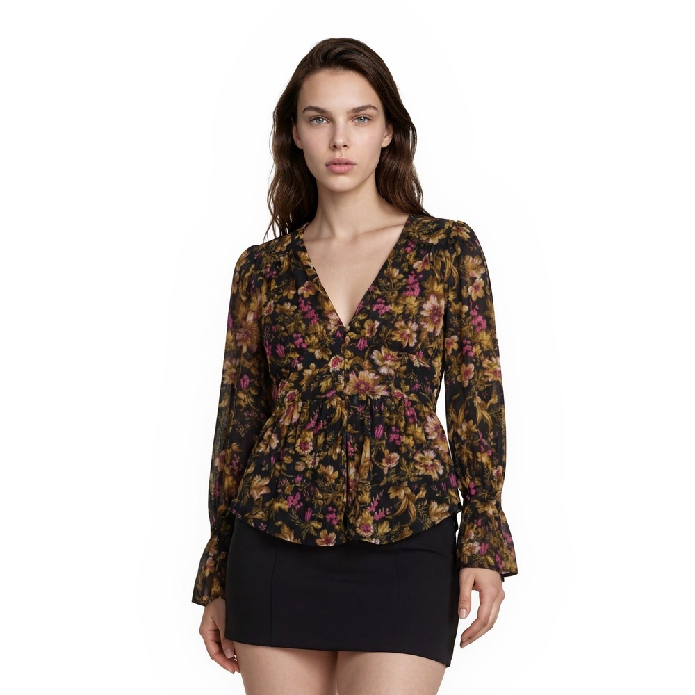 Anthropologie Peplum Blouse Top Women's Size Small Black Pink Floral Smocked‎